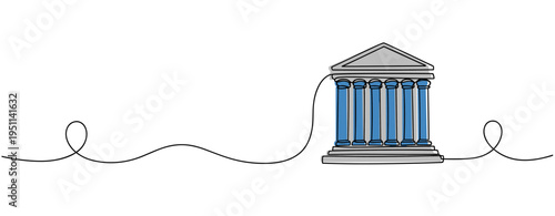 Bank building illustrated connected by continuous line on white. no editable strokes