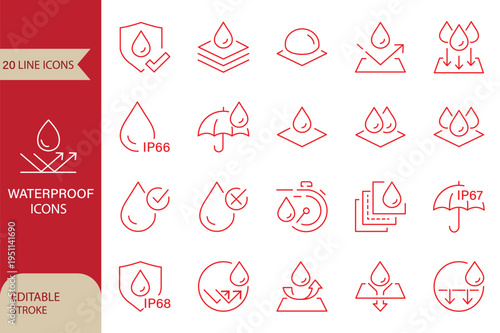 Waterproof icon set. Water Proof. Water protection, liquid proof protection. Shield with water drop. Anti wetting material, hydrophobic fabric, surface protection. Water resistant symbol. Vector 
