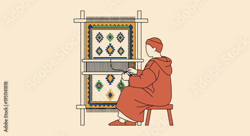 Artisan weaving intricate carpet on loom