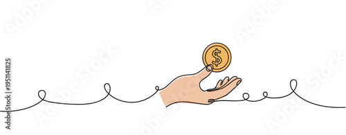 Human hand offering coin over wavy continuous line surface. no editable strokes