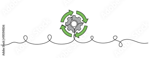 Mechanical gear rotating with green recycle arrows on white. no editable strokes