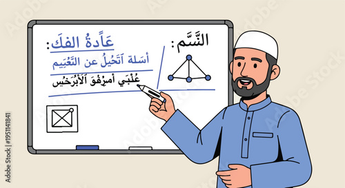 Man in traditional attire teaching on a whiteboard with Arabic text and diagrams
