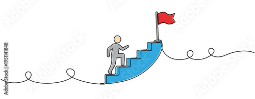 Person climbing stairs toward flag on continuous line backdrop. no editable strokes