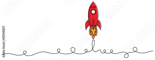 Red rocket launching upward over curved line background. no editable strokes