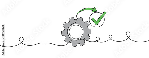 Gear with check mark indicating successful process on continuous line. no editable strokes