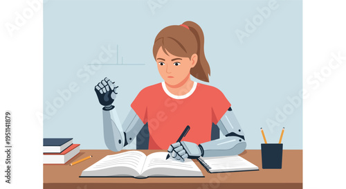 Person with robotic arms studies intently at a desk with books and notebooks