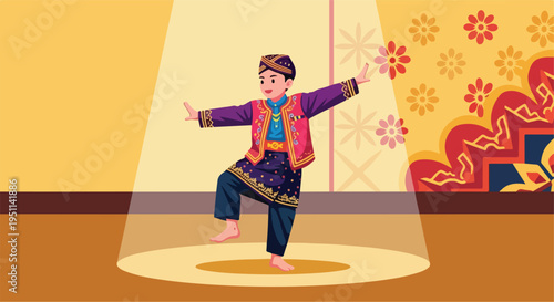 Young boy in traditional attire performs a dance on a brightly lit stage