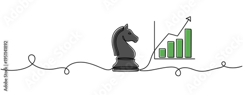 Chess knight beside rising bar chart on white background. no editable strokes