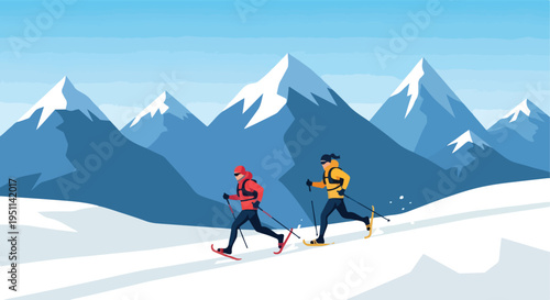 Two individuals cross-country skiing through a snowy mountain landscape