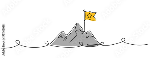 Mountain peak with flag planted on continuous line background. no editable strokes
