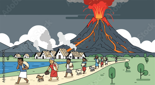 A group of villagers are seen fleeing their homes due to an erupting volcano