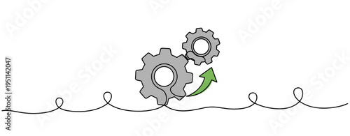 Two gears rotating with upward arrow on simple line backdrop. no editable strokes
