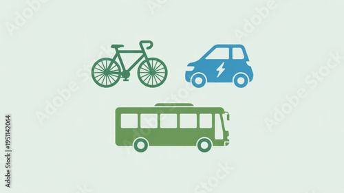 Set of eco-friendly transportation icons including a bicycle electric car and bus for sustainable mobility concepts and green energy solutions