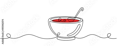 Bowl of soup with spoon on white continuous line. no editable strokes