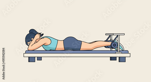 Woman lying on a workout bench, performing leg curls with a machine