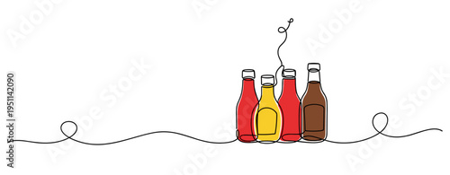 Bottles of condiments grouped on continuous line background. no editable strokes
