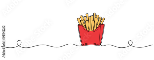 French fries arranged in red container on continuous line background. no editable strokes