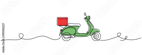 Scooter carrying delivery box on white continuous line. no editable strokes