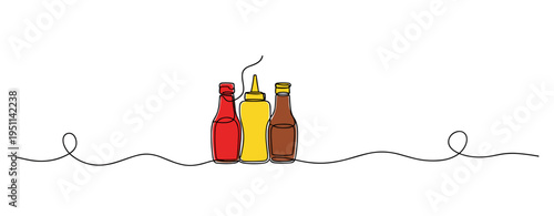 Trio of condiment bottles standing on continuous line white background. no editable strokes
