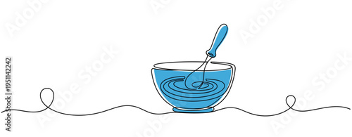 Glass bowl being whisked with blue mixture on continuous line. no editable strokes