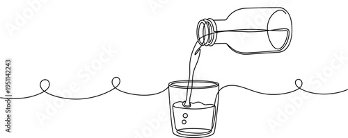 Bottle pouring liquid into glass on continuous line background. no editable strokes