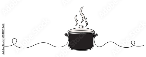 Cooking pot steaming and simmering on continuous line background. no editable strokes