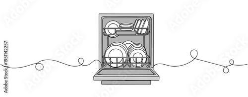 Dishwasher loaded with dishes standing on kitchen counter. no editable strokes