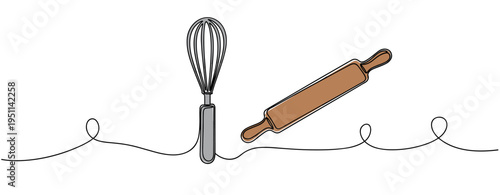 Whisk and rolling pin arranged on continuous line background. no editable strokes