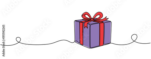 Wrapped gift box with ribbon on continuous line background. no editable strokes