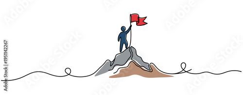 Person planting flag on mountain peak in minimal setting. no editable strokes