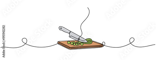 Knife slicing vegetables on cutting board continuous line. no editable strokes