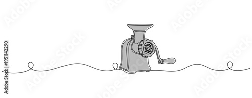 Manual meat grinder resting with handle on single line illustration. no editable strokes