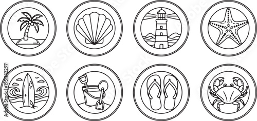 Eight circular icons representing various beach and seaside elements. Vector