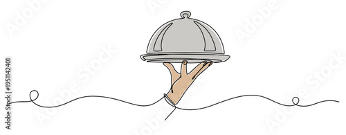 Serving hand presenting covered cloche on white background. no editable strokes