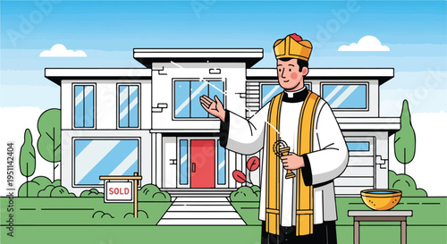 Clergyman blesses a modern house with a red door, front yard, and sold sign