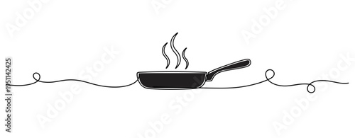 Frying pan steaming on countertop with continuous line. no editable strokes