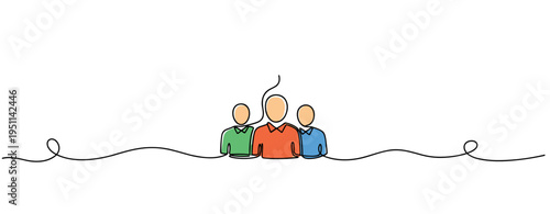 Group of three people standing together on continuous line. no editable strokes