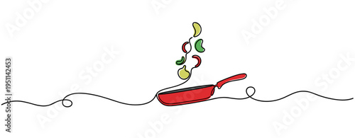 Frying pan tossing vegetables in midair over simple line. no editable strokes