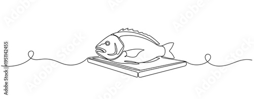 Whole fish placed on cutting board on continuous line. no editable strokes