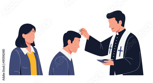 Religious ceremony illustration of a cleric applying ash to a person's forehead