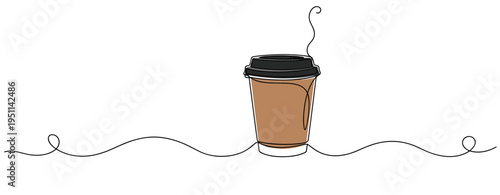 Takeaway coffee cup steaming on continuous line white background. no editable strokes
