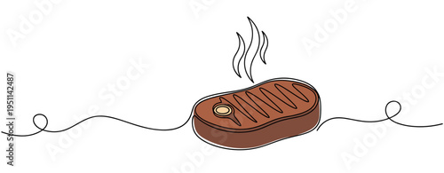 Grilled steak sizzling with steam on continuous white background. no editable strokes