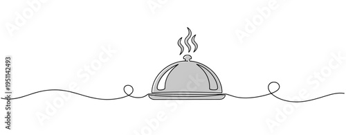 Serving cloche releasing steam on white background centered on decorative line. no editable strokes