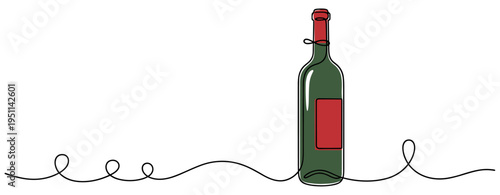 Wine bottle standing upright on minimal continuous line background. no editable strokes
