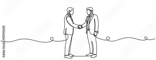 Businessmen shaking hands in suit silhouette with wavy line. no editable strokes