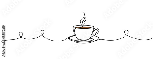 Cup of coffee steaming on saucer with continuous line. no editable strokes