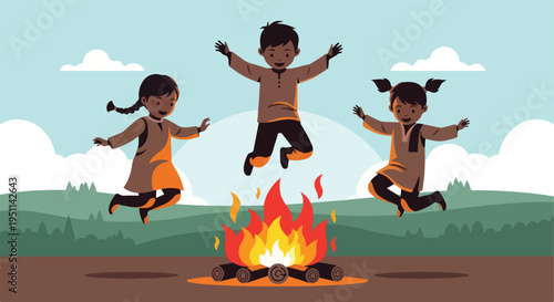 Three joyful children leap in the air around a crackling bonfire under a cloudy sky