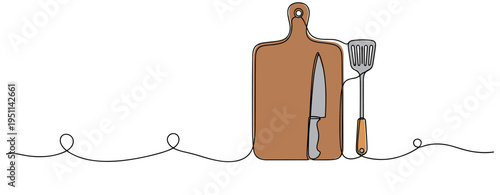 Cutting board with knife and spatula on continuous line background. no editable strokes