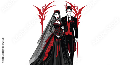 Gothic bride and groom with horns and red accents, holding bouquet