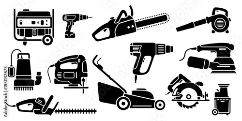 Large set of power tools and garden equipment silhouettes, industrial and DIY hardware icons isolated